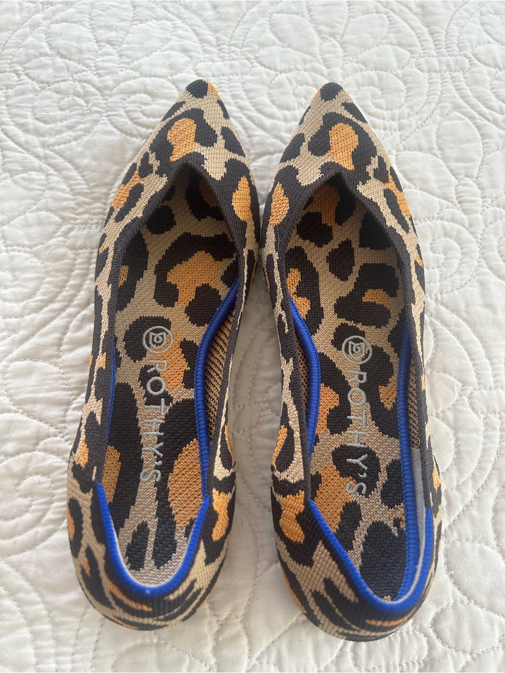 Rothy's Leopard Knit Pointed Ballet Flats in Tan and Black with Gold Accents